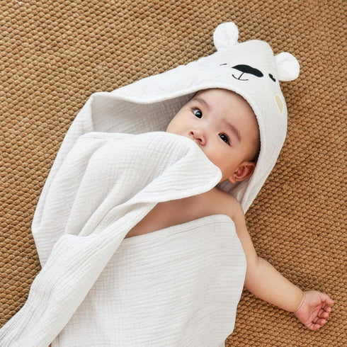 100% 30 30 inch, FIOBEE Hooded Baby Towels Muslin Baby Bath Towels for Newborn with Animal Design Ultra-Soft