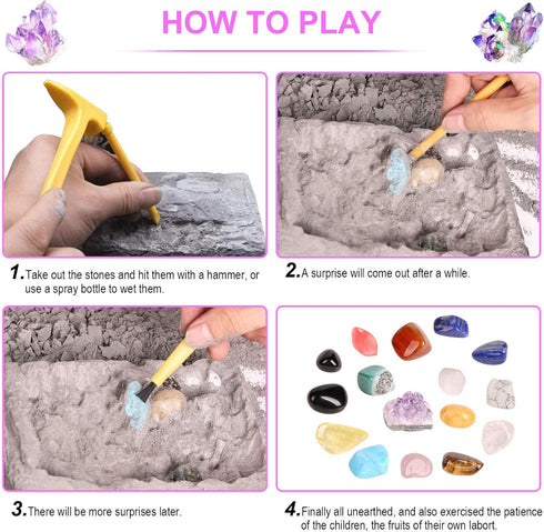 Gemstone Dig Kit - 16 Real Gem Stones Excavation STEM Educational Toys for Boys and Girls