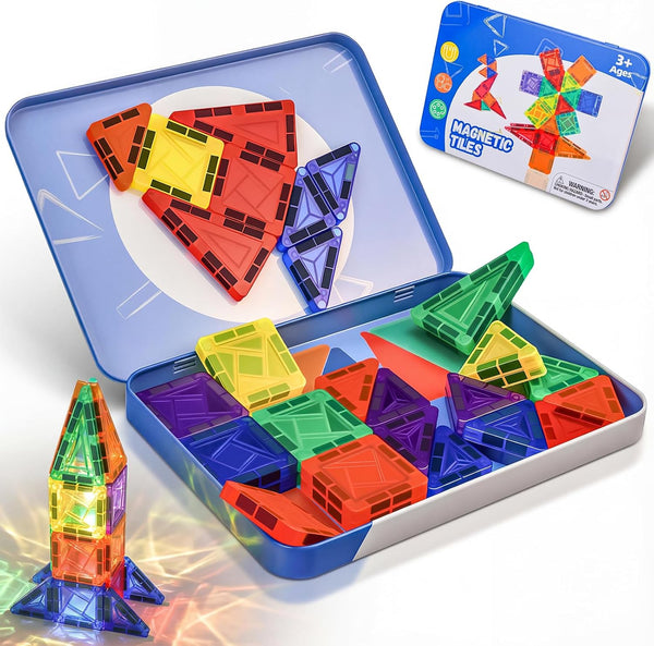 Mini Magnetic Tiles,42PCS Magnetic Building Blocks with Metal Storage Box,STEM Toys for