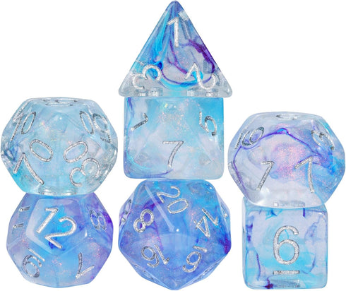 UDIXI 7PCS Polyhedral Dice Set for Dungeons and Dragons, D&D with Glitter and Cyan Swirls (Purple Cyan)