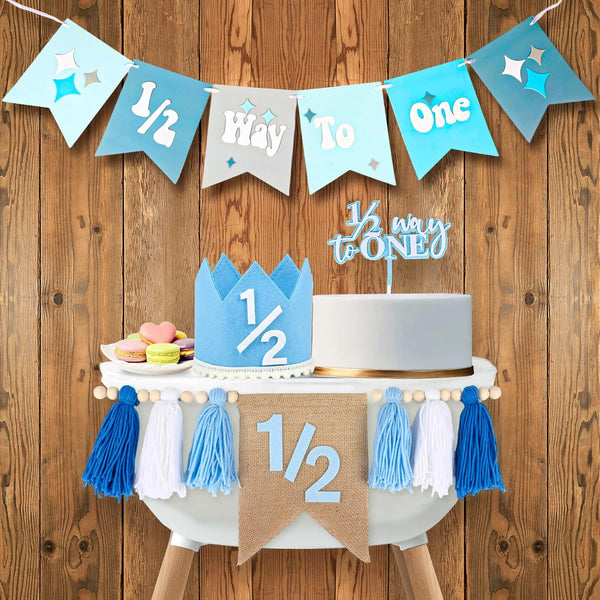 Vnysh 1/2 Birthday Boy Half Birthday Decorations 4PCS Blue 6 Month Party Set