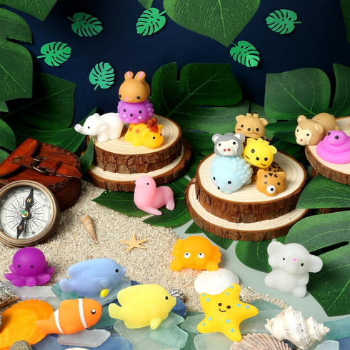 50pcs Sea & Safari Squishy Toys Collectible Mochi Fidget Toys in Blind Bags | Sea & Land Animal Shapes | Storage Tote