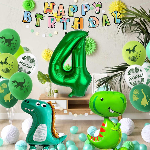 Dinosaur 4th Birthday Decorations, Large Foil Balloons, Happy Birthday Banner, Number 4 Balloon