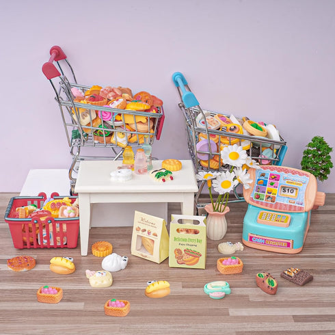 180 Pcs Dollhouse Miniature Kitchen Accessories Shopping Cart Basket Mini Food Drinks Dollhouse Store Grocery
