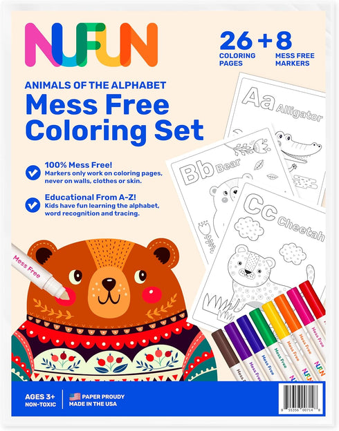 NuFun Activities Mess Free Coloring Set - Animals of The Alphabet, Gift for Toddlers with 26 Preprinted Pages