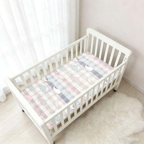 miaozhen 1 Pack 52x28 Cotton Baby Crib Sheets Soft Breathable Manga Whale Plaid Offwhite Toddler Mattresses for Nursery