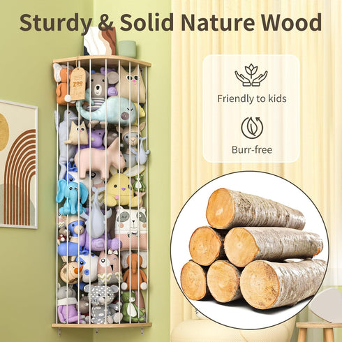 Stuffed Animal Storage for Plushie Toys - Large Wood Corner Hanging Pet Storage with Sky Pattern, Length Adjustable Toy