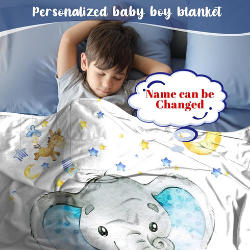 J&SBGFT Custom Baby Blanket with Name, Elephant Receiving Blanket for Toddlers Kids Nursery Stroller Crib Cuddles