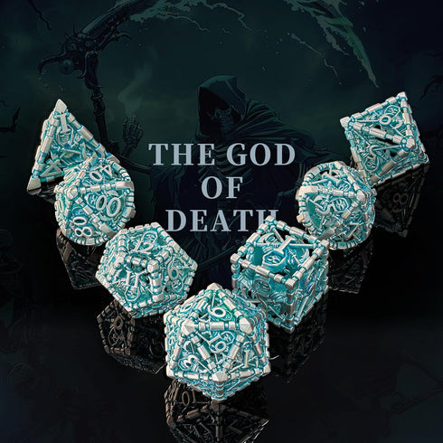 D&D Dice Set, Hollow Blue White Metal Grim Reaper Dice of 7 Piece, Polyhedral DND Dice for Table Game MTG or RPG