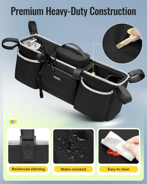 GT2 YOREPEK Heavy Duty Double Stroller Organizer for Bob Duallie, Baby Jogger City Mini and Jeep,Stroller Caddy