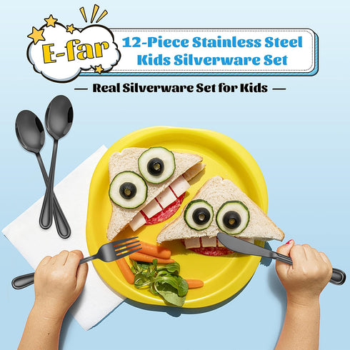 12-Piece Black Kids Silverware, E-far Stainless Steel Toddler Utensils, Safe for Preschooler/Children