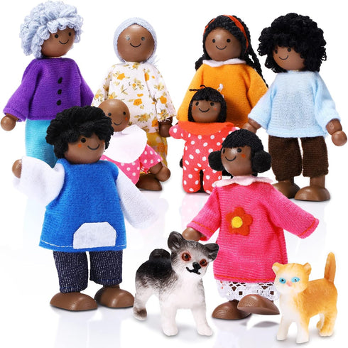 10 Pcs Wooden Dollhouse Family Set, 8 Mini People Figures & 2 Pets, Pretend Play Figures Accessories for Dollhouse