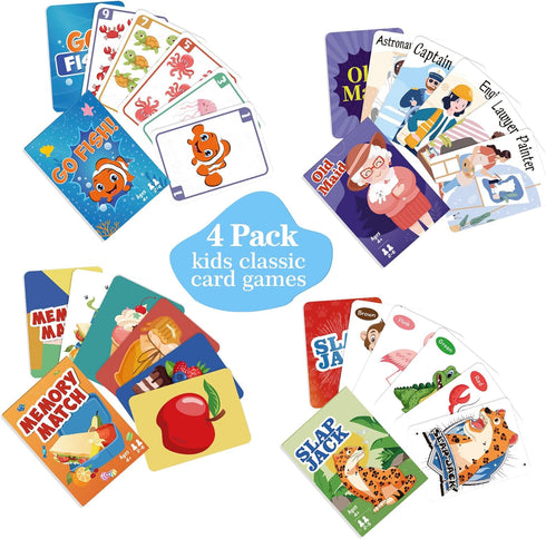 Card Games Go Fish,Old Maid,Slap Jack and Memory Match- 4 Decks in 1 Pack,Classic Card Games for Kids Ages 4 and up, Family Party Card Games for Kids and Adults,Fun Gifts for Boys and Girls