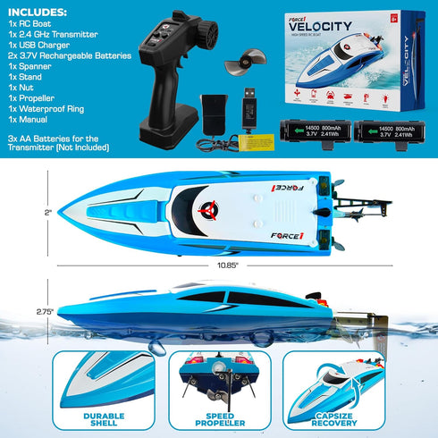 Force1 2.4GHZ 2 Velocity Blue Fast RC Boat- Remote Control Boats for Adults and Kids, Underwater Speed Racing Mini RC