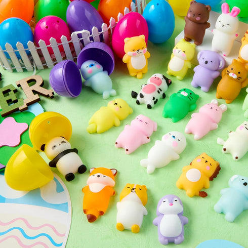 24 JOYIN Pcs Easter Prefilled Eggs with Mochi Squishy Toys, Lovely Animal Stress Reliever Squishy Toy for Easter Theme