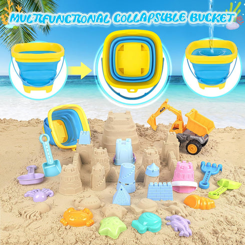 FHOZGECY 2 1 4-8 Beach Toys, Sand Toys for Kids Boys and Girls with in Construction Vehicles, Collapsible Bucket, Sand