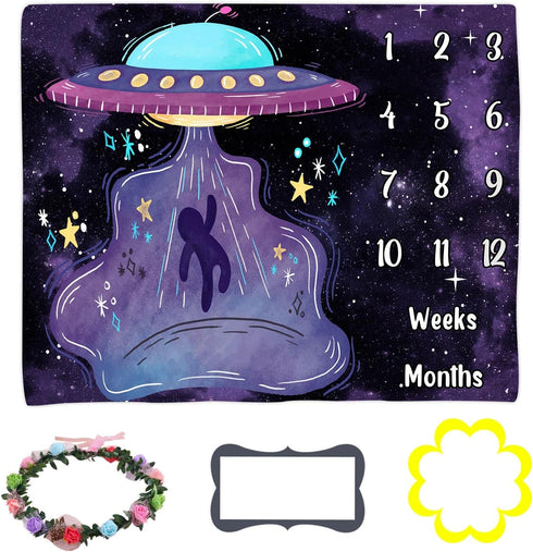 Space Baby Age Blanket, UFO Astronaut Baby Monthly Milestone Blanket Growth Chart Blanket, 48x40 inch Memory Blanket Nurse Receiving Blanket Baby swaddling Blanket BTLSLY259 by LYLYCTY