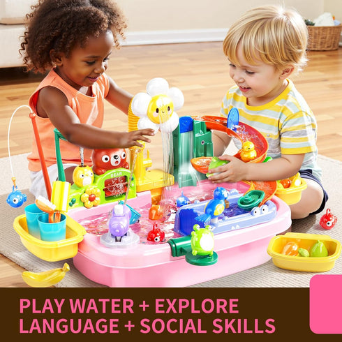 Pupu Pig 360 Summer Water Table Play Sink Toys for Toddlers, Kids Play Kitchen Sink with Running Water, Electric
