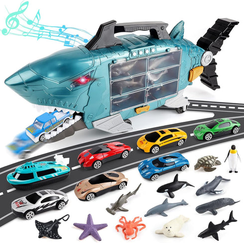 deAO Shark Toys Shark Truck with Animal Toys, 8 PCS Toy Trucks,Lights