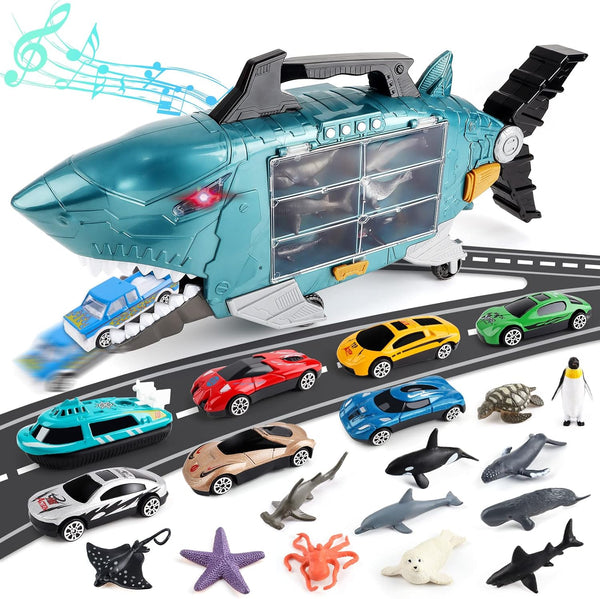 deAO Shark Toys Shark Truck with Animal Toys, 8 PCS Toy Trucks,Lights