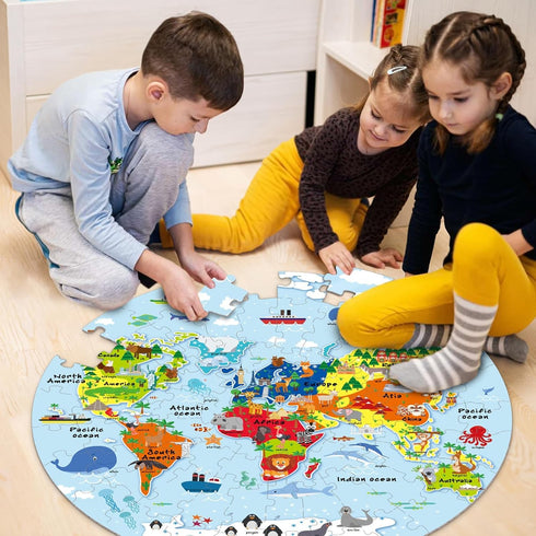 2 Sets Floor Puzzles World and United States Map Puzzles with Poster, Geography Educational Learning Toys for Kids 4-8