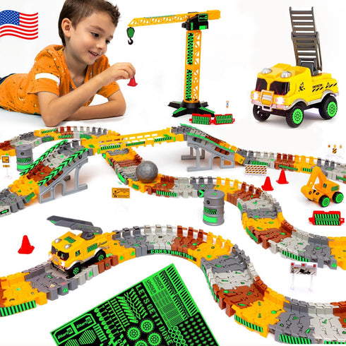JITTERYGIT Construction Race Track Site Toy - Including Sandbox Vehicles, Trucks, Excavator,
