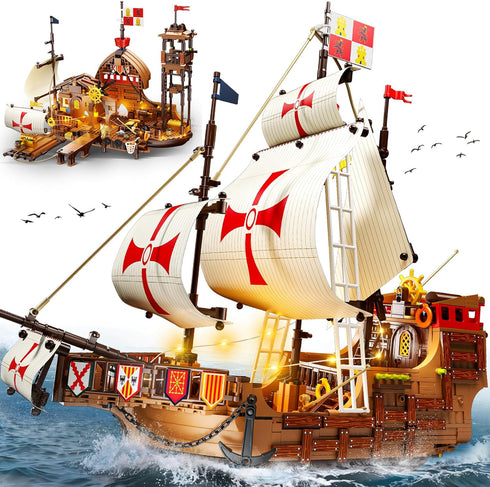 HiWEEGO Santa Maria Ship Building Set with LED Lights, 2 in 1