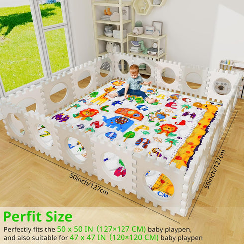 Mfmiudole 50"50" Baby Gyms Playmats for Playpen, Safari Zoo Alphabet Play Mat Waterproof ABC Learning Mat Jungle Themed