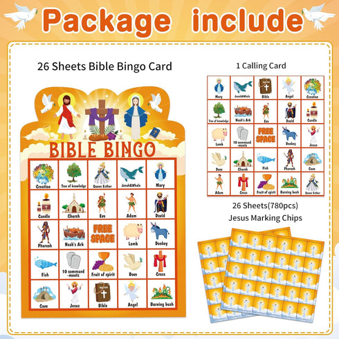FLYAB Bible Bingo Game for Kids and Adults, 26 Players Christian Bingo Cards for Church and Family