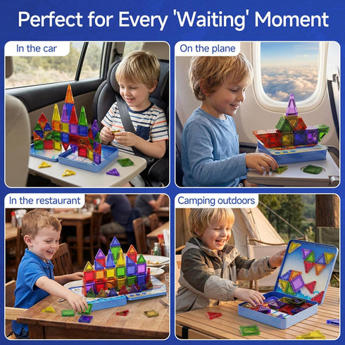 60 Set WMXDU PCS Magnetic Tiles Travel for Kids, Portable Magnetic Building Blocks with Tin Box, Car Rides Airplane