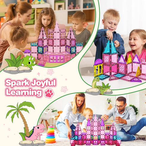 60PCS 3-5 4-8, 3+ Dinosaur Toys Magnetic Tiles for Girls, Magnet Building Blocks Sensory Toy for Girls Boys Ages STEM