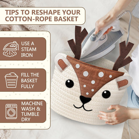 100% Cute Deer Cotton Rope Baby Laundry Basket for Boys & Girls, Woodland Nursery Decor, Nursery Storage Basket