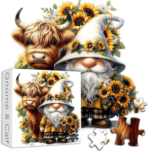 PICKFORU 1000 Highland Cow Gnome Puzzles for Adults Pieces, Nature Sunflower and Cow Puzzles, Animal Plant Floral