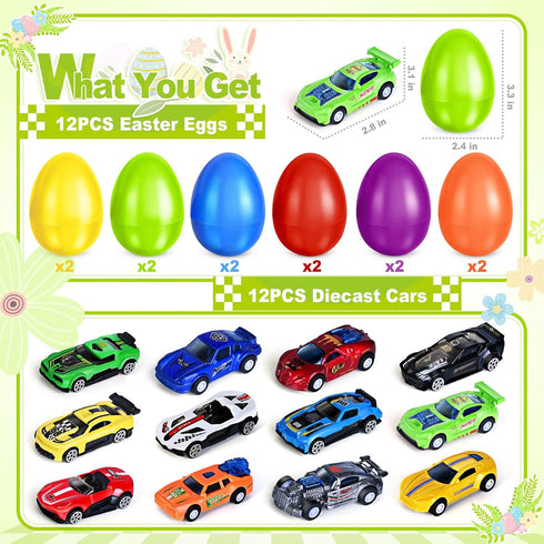 12Pack Prefilled Easter Eggs with Toys Inside, Easter Egg with Die-cast Racing Cars for Kids Basket Stuffers, Hunting