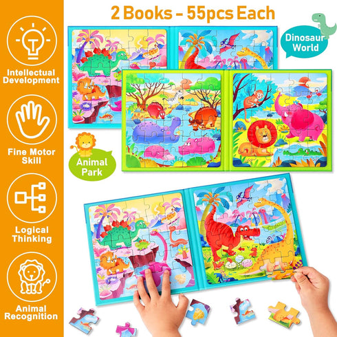 Magnetic Puzzles for Kids Ages 3-5 - Two-Book Set - Dinosaur Animal Jigsaw Puzzle Magnet Books for Learning Activities