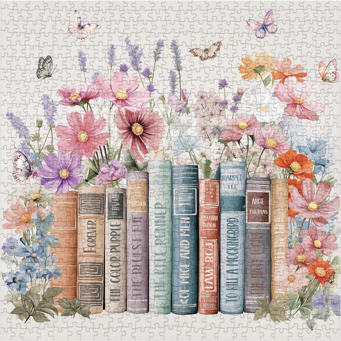 Larkipuzz 1000 Colorful Books Wildflower Pages Puzzles for Adults Pieces, Beautiful Literary Blossoms Flower Bookshelf