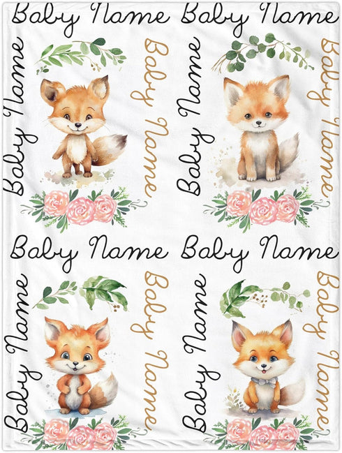 Novusopt Fox Baby Personalized Monogrammed Floral Receiving Blanket with Customized Name for Newborn