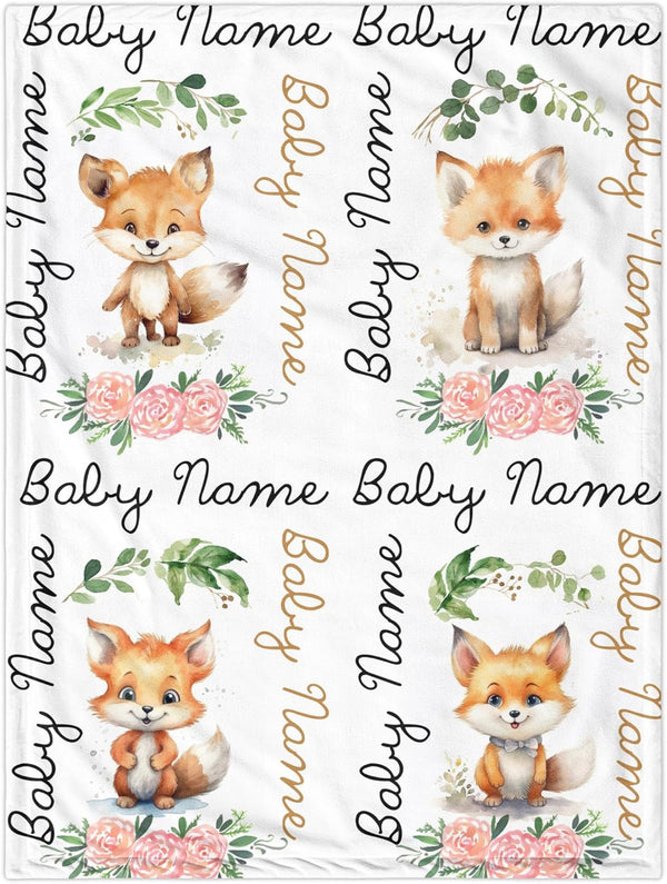 Novusopt Fox Baby Personalized Monogrammed Floral Receiving Blanket with Customized Name for Newborn