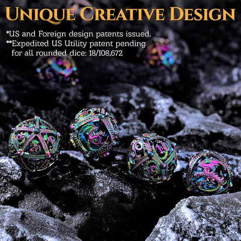 Set Set Metal DND Dice - Unique Round Hollow Orb Design for Better Rolling - Beautiful Dragon for Role Playing Games