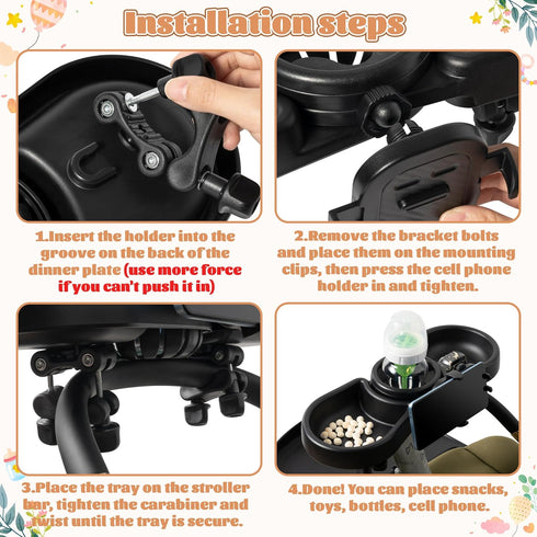 GQIRIL 4-in-1 Universal Stroller Snack Tray - Clip on Strollers Cup and Phone Holder Attachment Accessories, Double