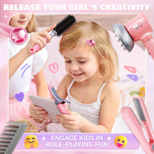 Set 10pcs Playset Toy Choi's Children's Pretend Play Hair Styling Salon with Hair Dryer, Pink Princess Hairdressing Kit