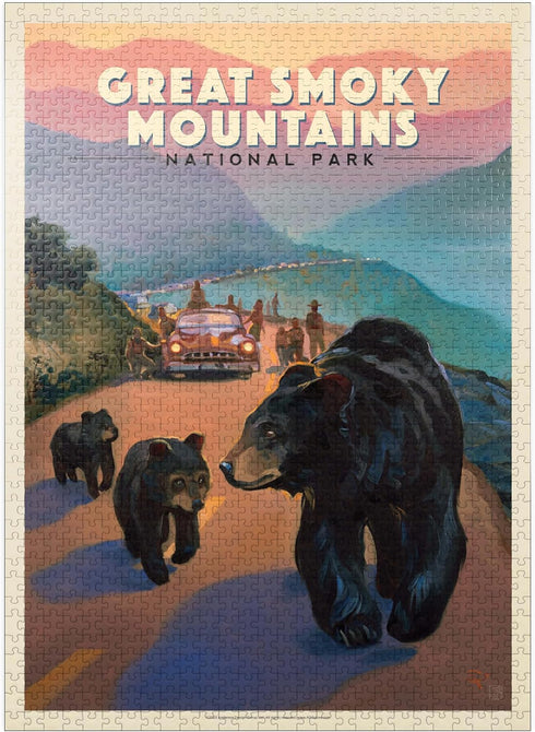 MyPuzzle Great Smoky Mountains National Park: Bear Jam Vintage Poster - Premium 1000 Piece Jigsaw Puzzle for Adults