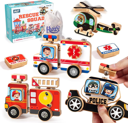 Emergency Vehicles 3D Puzzle Toy, HUZU Wooden Building Blocks for Kids 3-8, Fire Truck, Ambulance, Police Car Gifts