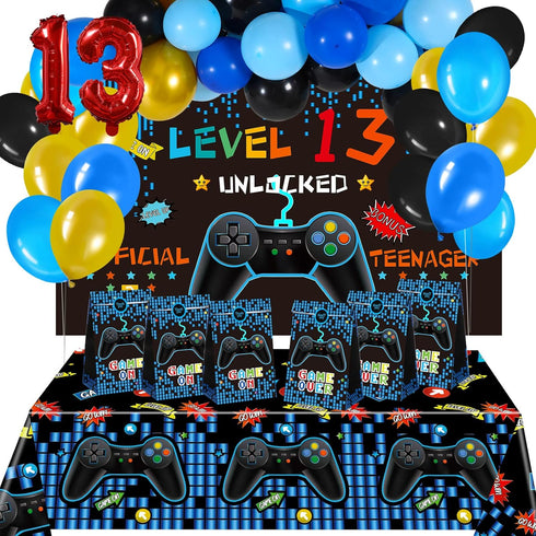 13th Birthday Decorations for Boys - 69 Pieces Video Game Party Supplies, Blue Gamer Balloons, Backdrop
