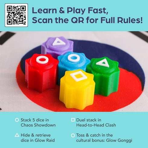 Set 4-in-1 Glow-in-The-Dark Dice Game Light-Up Party Dice for Kids & Adults Includes Korean Gonggi Game, Gift Tin