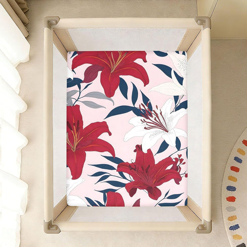 CZXW 52" 28" Hawaiian Floral Red White Crib Sheets Fitted x Natural Cotton Soft & Breathable for Baby Crib Mattress