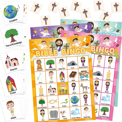 24 WorldBazaar Bible Bingo Game for Kids Players Spring Jesus Christian Bingo Game Cards Vacation Bible Sunday School