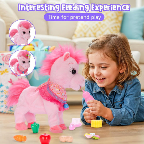 Ylpaprm Set 3+ Pink Walking Pony Interactive Talking Singing Dancing Horse Walk Along with Remote Control Leash Plush
