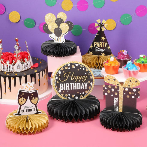 8 Pieces Happy Birthday Party Decorations Supplies, Birthday Honeycomb Centerpieces Table Toppers, Black and Gold