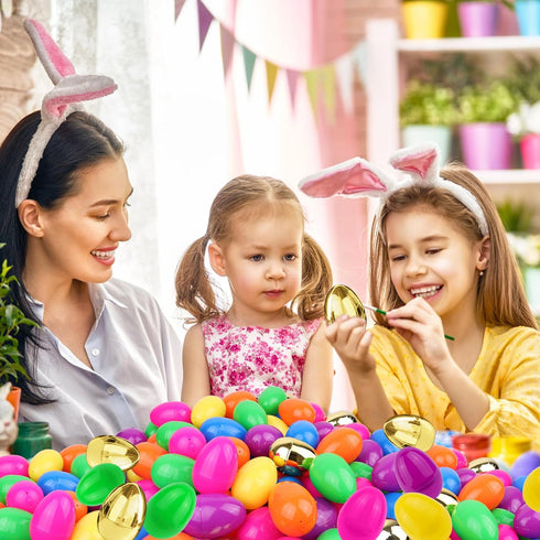 FLYSNK 1000 Pack 12 2.4 Inch Easter Eggs Bulk Include Surprise Golden Egg, Bright Colors Fillable Plastic Eggs Empty